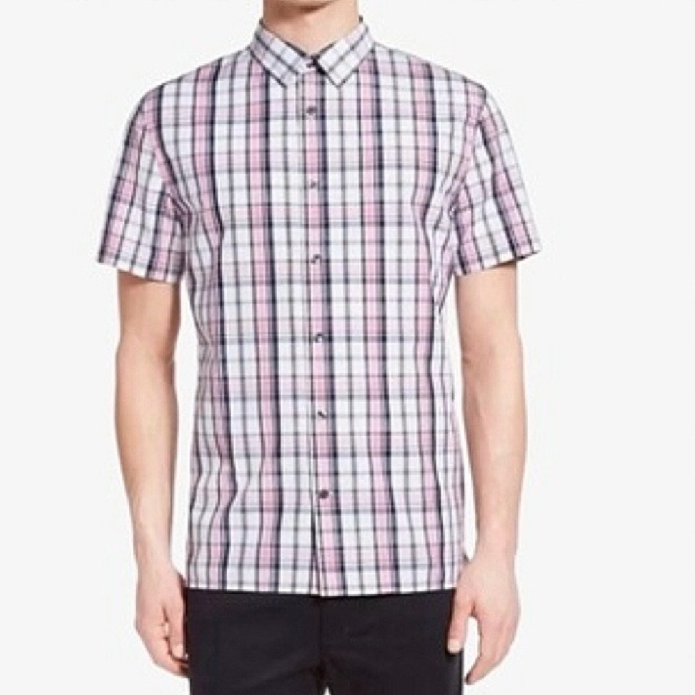 Vince‎ Melrose Plaid Short Sleeve Button Down Shirt Men's Sz M Pink Navy Blue
